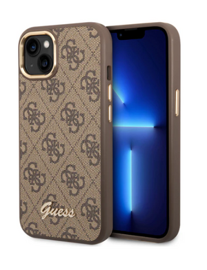Guess iPhone 14 Plus Kahverengi Lüks Telefon Kılıfı - Metal Kamera Çerçeveli ve Düğmeli