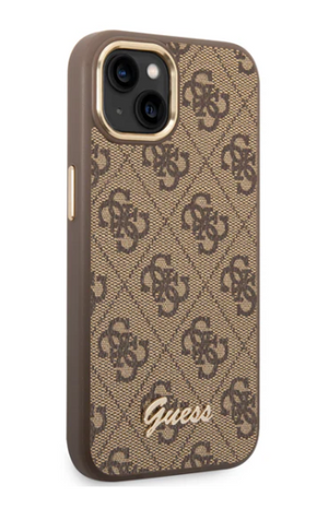 Guess iPhone 14 Plus Kahverengi Lüks Telefon Kılıfı - Metal Kamera Çerçeveli ve Düğmeli