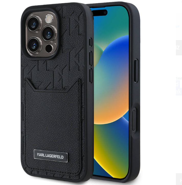 Apple iPhone 16 Pro Kılıf Karl Lagerfeld Orjinal Lisanslı Kartlıklı Monogram Sıcak Damgalı Elongated Logo Kapak