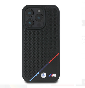 Apple iPhone 16 Pro Max Kılıf BMW Orjinal Lisanslı M-safe Şarj Özellikli M Logolu Üç Çizgili Delikli Deri Kapak