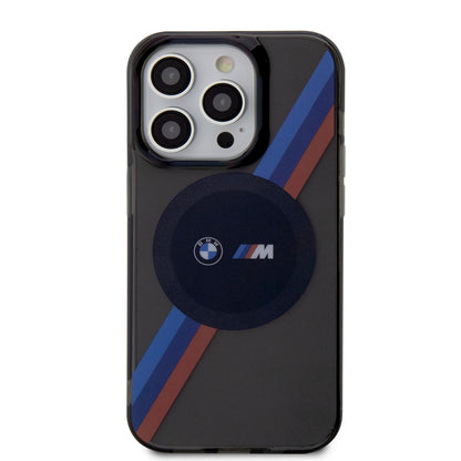 BMW iPhone 14 Pro Kılıf – M-Safe Uyumlu, Transparan, Üç Renkli Şerit Tasarım