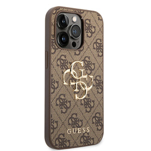 Apple iPhone 14 Pro Max Kılıf Guess PU Deri Büyük Metal Logo Dizaynlı Kapak Kahverengi