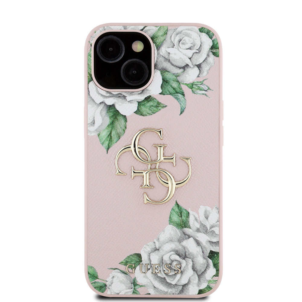Guess iPhone 15 Kılıf – Orijinal Lisanslı, Gül Baskılı, Metal Logolu Tasarım
