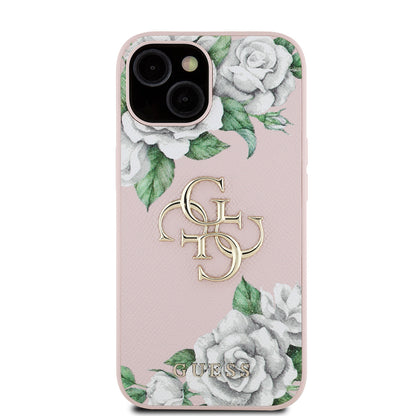Guess iPhone 15 Kılıf – Orijinal Lisanslı, Gül Baskılı, Metal Logolu Tasarım