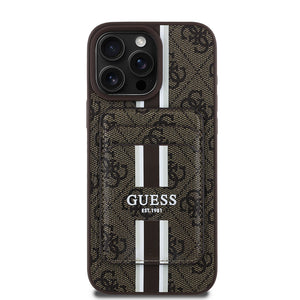 Guess iPhone 15 Pro Max Kılıf – M-safe Şarj Destekli, 4G Desenli, Kartlıklı ve Şerit Tasarımlı
