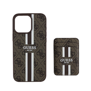 Guess iPhone 15 Pro Max Kılıf – M-safe Şarj Destekli, 4G Desenli, Kartlıklı ve Şerit Tasarımlı