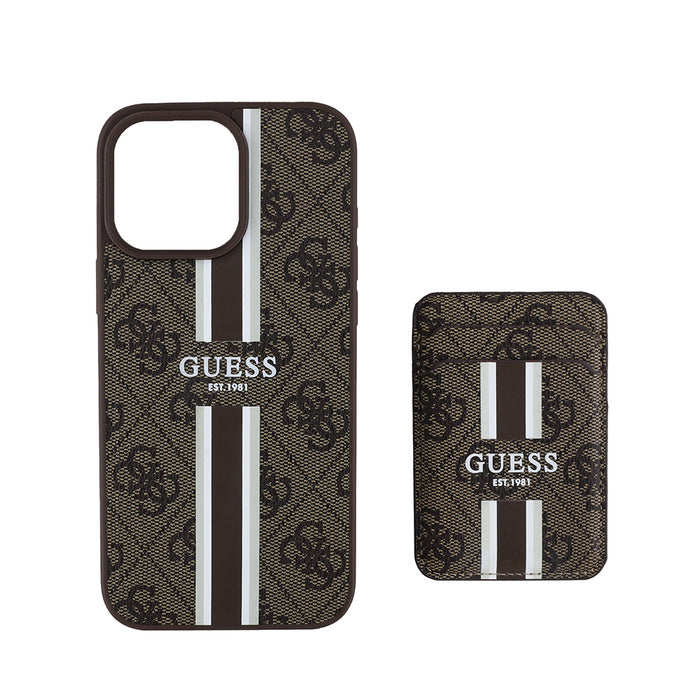 Guess iPhone 15 Pro Max Kılıf – M-safe Şarj Destekli, 4G Desenli, Kartlıklı ve Şerit Tasarımlı
