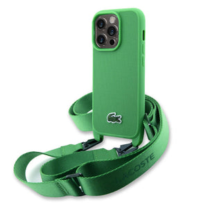 Lacoste iPhone 15 Pro Max Kılıf – Orijinal Lisanslı, PU Pike Desenli Askılı, Dokuma Timsah Logolu Kapak