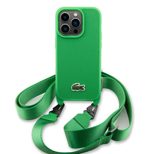 Lacoste iPhone 15 Pro Max Kılıf – Orijinal Lisanslı, PU Pike Desenli Askılı, Dokuma Timsah Logolu Kapak
