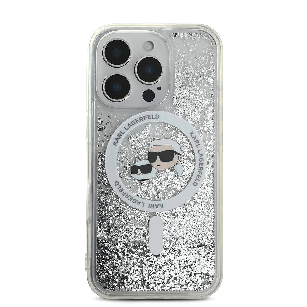 Apple iPhone 16 Pro Kılıf Karl Lagerfeld Orjinal Lisanslı M-safe Şarj Özellikli Sıvılı Simli KC Heads Kapak