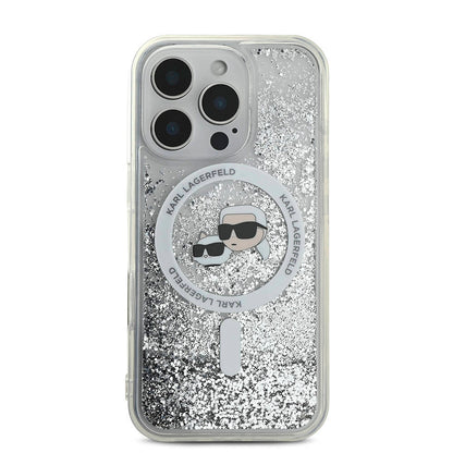 Apple iPhone 16 Pro Kılıf Karl Lagerfeld Orjinal Lisanslı M-safe Şarj Özellikli Sıvılı Simli KC Heads Kapak