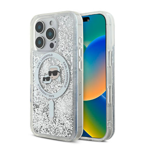 Apple iPhone 16 Pro Kılıf Karl Lagerfeld Orjinal Lisanslı M-safe Şarj Özellikli Sıvılı Simli KC Heads Kapak